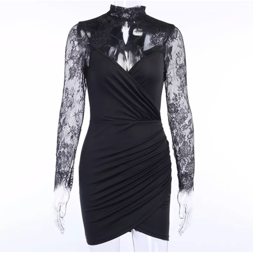 Sexy Black Eyelash Lace Long Sleeve Cocktail Dress - Picture 5 of 8